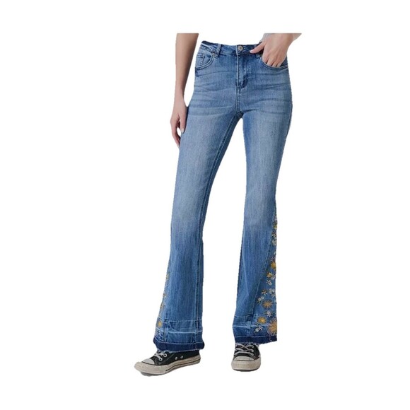 Ashley Mason Premium Jeans Sz 5/27 Flare Daisy Embroidered Raw Hem Y2K Boho - Picture 3 of 13